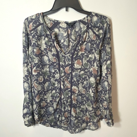 Lucky Brand Blue Fall Floral Shirt Blouse Boho Peasant Women's Size Small - Picture 2 of 13